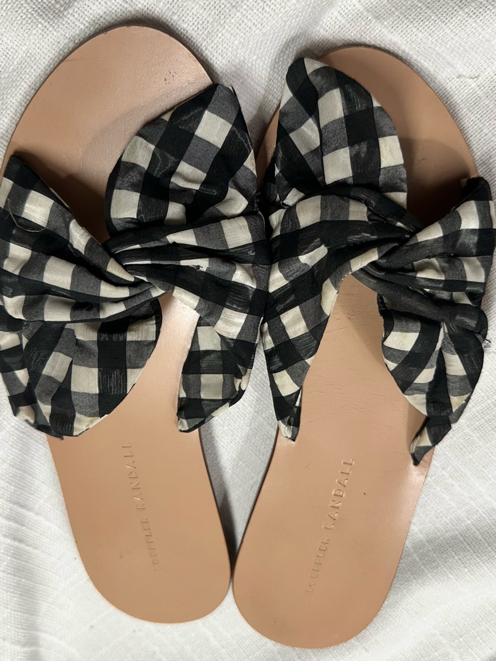 Loeffler Randall Phoebe Knotted Slide Sandals in a black and white gingham